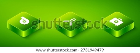 Set Isometric Car battery jumper power cable, Toolbox and Automotive turbocharger icon. Vector