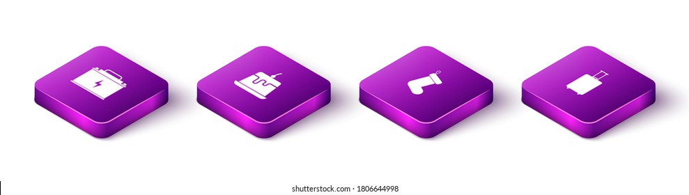 Set Isometric Car battery, Pudding custard, Christmas sock and Travel suitcase icon. Vector.