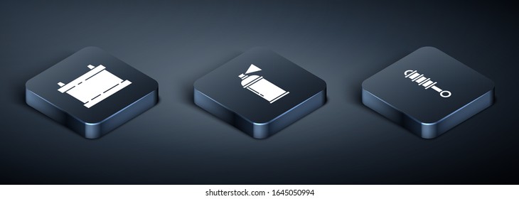 Set Isometric Car battery, Shock absorber and Paint spray can icon. Vector