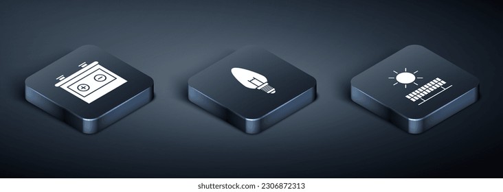 Set Isometric Car battery, Solar energy panel and sun and Light bulb icon. Vector