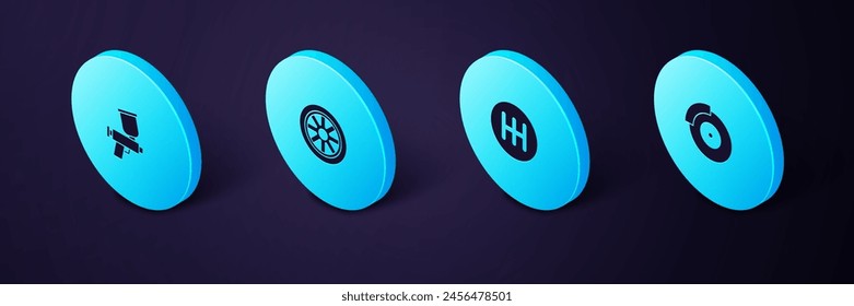 Ajuste el disco de freno isométrico del coche con la pinza de freno, el cambio de marchas, la rueda y el icono de la pistola de pintura. Vector