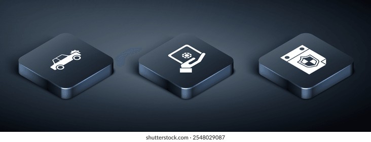 Definir Carro Isométrico, Calendário com escudo e Seguro na mão ícone. Vetor