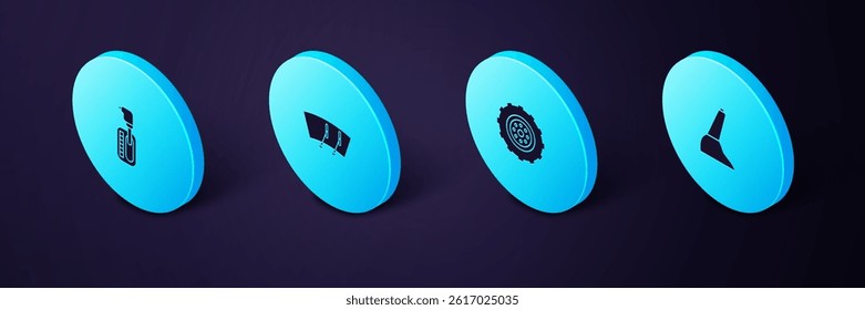 Set Isometric Car handbrake, wheel, Windscreen wiper and Gear shifter icon. Vector