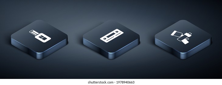 Set Isometric Car key with remote, Paint spray gun and Audio icon. Vector