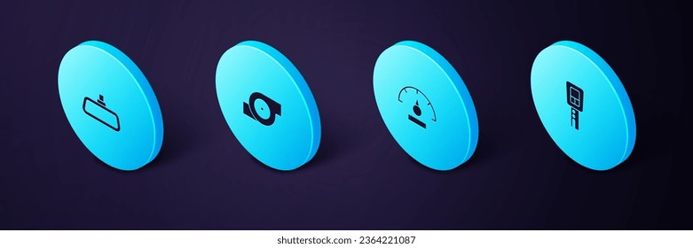 Set Isometric Car key with remote, Speedometer, Automotive turbocharger and mirror icon. Vector