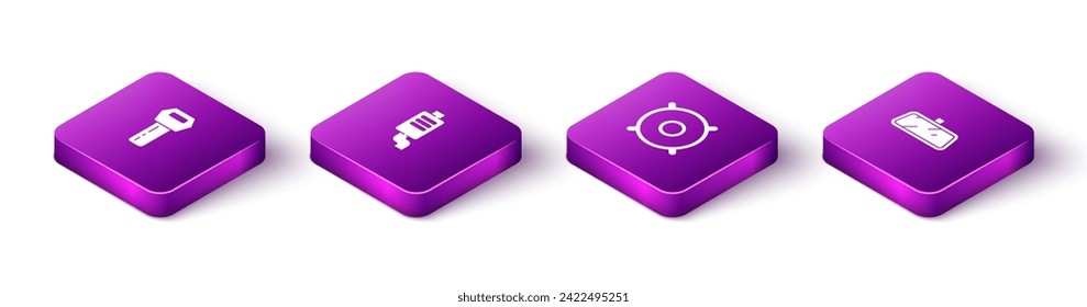 Set Isometric Car key with remote, muffler, audio speaker and mirror icon. Vector