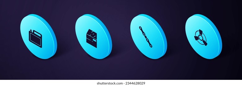 Set Isometric Car motor ventilator, chain, door and Canister for oil icon. Vector
