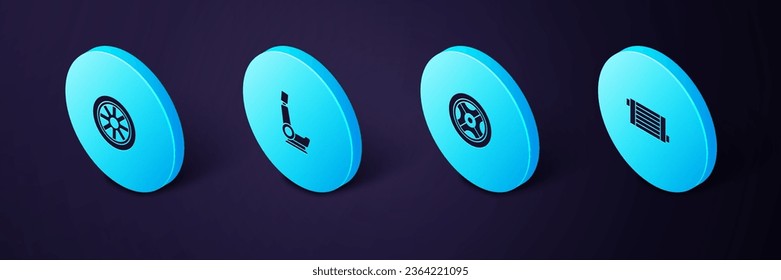 Set Isometric Car radiator cooling system, wheel, seat and  icon. Vector