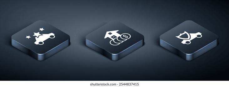 Set Isometric Car sharing, with shield and House dollar icon. Vector