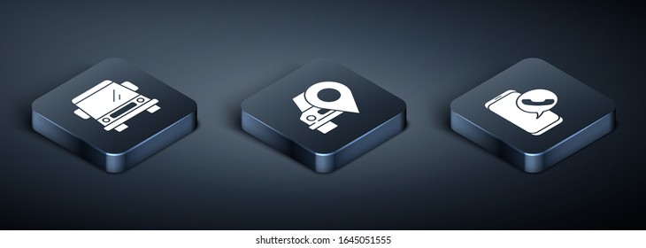 Set Isometric Car, Taxi call telephone service and Map pointer with taxi icon. Vector