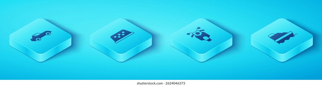 Set Isometric Car, Taxi car roof, Cruise ship and Scooter icon. Vector