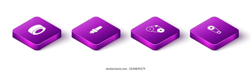 Set Isometric Car tire, spark plug, Timing belt kit and  icon. Vector