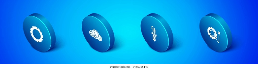Set Isometric Car tire wheel, spark plug, Tire pressure gauge and Speedometer icon. Vector