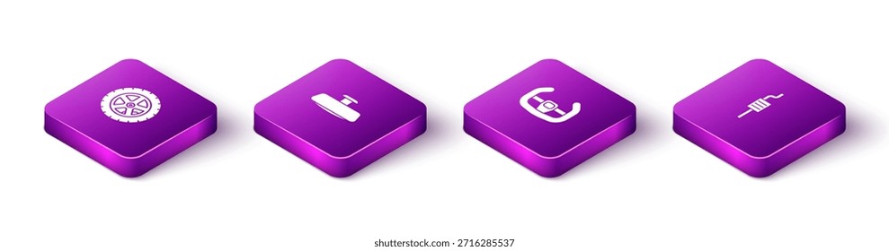 Conjunto de rueda de coche isométrica, espejo, dirección deportiva e icono de silenciador. Vector