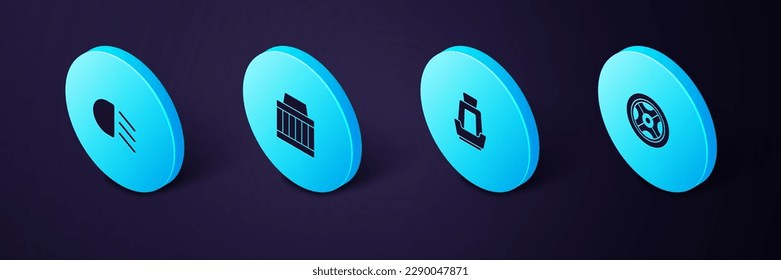 Set Isometric Car wheel, seat, air filter and High beam icon. Vector