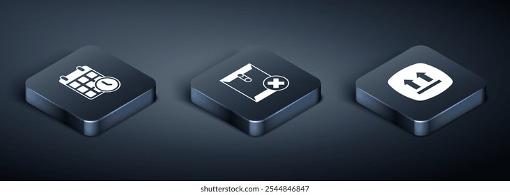 Configure Isometric Cardboard caixa com calendário, Este lado para cima e Excluir ícone de envelope. Vetor