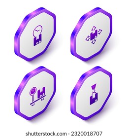 Set Isometric Cardboard box with clock, Carton cardboard, Scale and Crane icon. Purple hexagon button. Vector