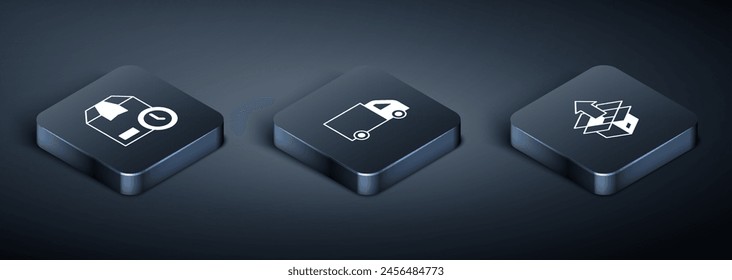 Set Isometric Cardboard box with clock, Unboxing and Delivery cargo truck icon. Vector