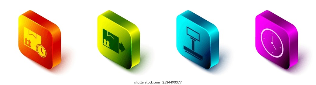 Caja de cartón isométrica y tiempo rápido, caja de cartón con símbolo de tráfico, escala e icono de entrega de tiempo rápido. Vector