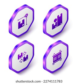 Set Isometric Cardboard box measurement, Carton cardboard, with traffic symbol and Container icon. Purple hexagon button. Vector