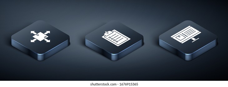 Establecer cuadro Cartón isométrico con símbolo de tráfico, monitor de equipo con seguimiento de entrega de aplicaciones y icono de verificación del portapapeles de lista de entrega. Vector