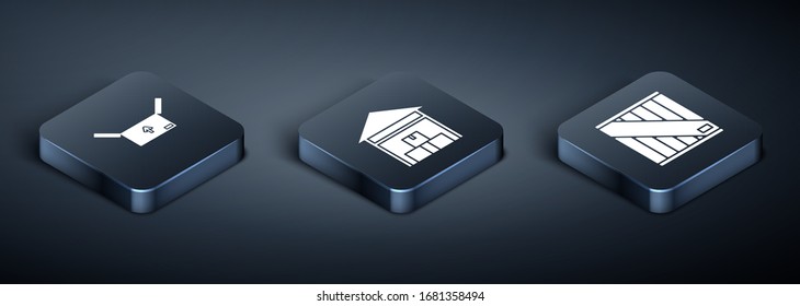Set Isometric Cardboard box with traffic symbol , Wooden box  and Warehouse  icon. Vector