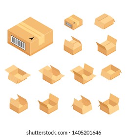 Set of isometric cardboard boxes. Delivery box package. Vector illustration isolated on white background.