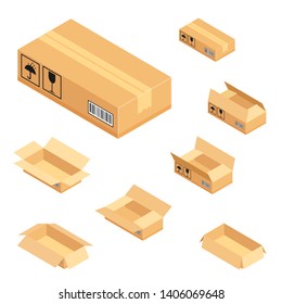 Set of isometric cardboard boxes. Delivery box package. Vector illustration isolated on white background.