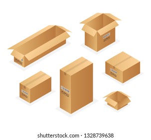 Set of isometric cardboard boxes isolated on white. Set closed and open cardboard boxes. Vector illustration.