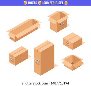 Set of isometric cardboard boxes isolated on white. Set closed and open cardboard boxes. Vector illustration.