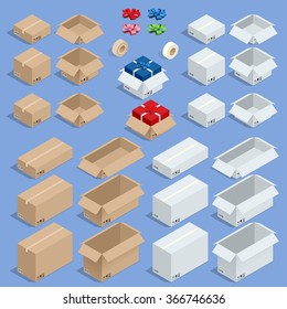 Set of isometric cardboard boxes isolated. Gift boxes opened and closed sealed with tape dispenser big or small. Delivery Format. Delivery Objects. Flat 3d vector  illustration