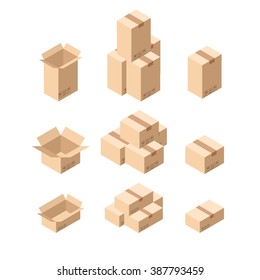 Set Of Isometric Cardboard Boxes Isolated on White. Layered EPS10 file.