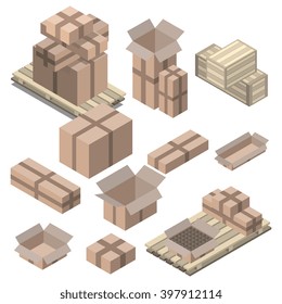 Set of  isometric cardboard boxes isolated on white. Vector boxes and shelving, Wood boxes