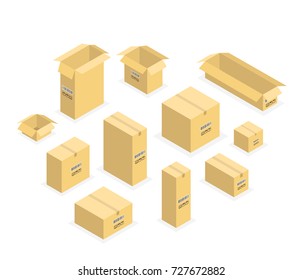 Set of isometric cardboard boxes isolated on white. Set closed and open cardboard boxes. Vector illustration.