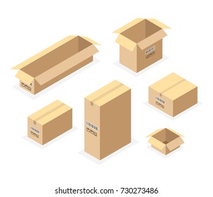 Set of isometric cardboard boxes isolated on white. Set closed and open cardboard boxes. Vector illustration.