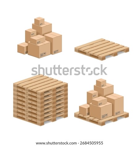 Set of isometric cardboard boxes on a wooden pallet. Isolated on a white background. Cargo storage in industrial warehouses and logistics. Vector illustration