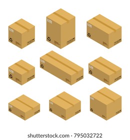 Set of isometric cardboard boxes, parcels isolated on white background. Vector illustration flat design.