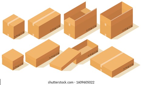 Set of isometric cardboard boxes. Realistic open and closed packaging in different sizes. Images with postage stamps. Isolated on white background. Vector illustration.