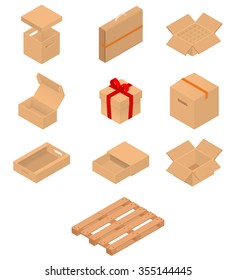 Set of isometric cardboard boxes to sent mail. Vector illustration isolated on white background.