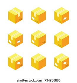 Set of Isometric Cardboard Boxes with Symbols and Stickers Vector Isolate Element