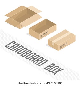 Set of isometric cardboard boxes. Vector Flat Style Isolated on White Background. Open and closed cardboard boxes 3d. Realistic cardboard boxes icon set. Box package illustration. The rectangular box