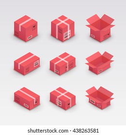Set of Isometric Cardboard Boxes, Vector EPS 10 Illustration