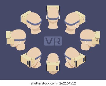 Set of the isometric cardboard virtual reality headsets. The objects are isolated against the dark-violet background and shown from different sides 
