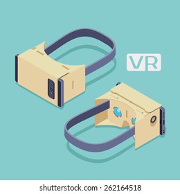 Set of the isometric cardboard virtual reality headsets. The objects are isolated against the teal background and shown from two sides 