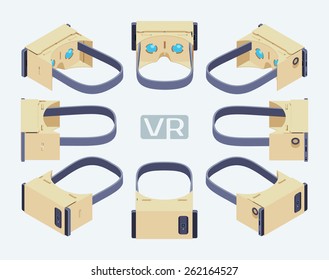 Set of the isometric cardboard virtual reality headsets. The objects are isolated against the white background and shown from different sides 