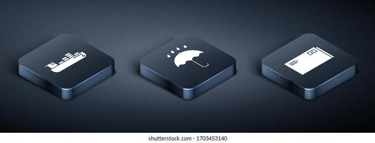 Coloque un buque Isometric Cargo con servicio de entrega de cajas , sobre y el icono del Paraguas y las gotas de lluvia. Vector