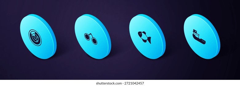 Set Isometric Cargo ship, Fish, Binoculars and Radar with targets icon. Vector