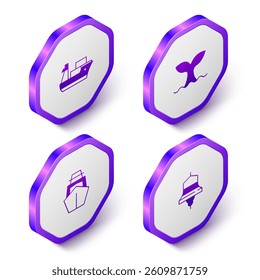 Set Isometric Cargo ship, Whale tail, Yacht sailboat and Ship bell icon. Purple hexagon button. Vector