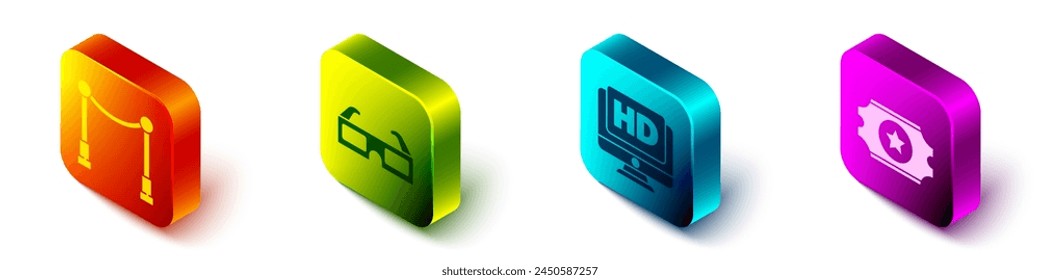 Set Isometrische Teppiche mit Barrieren, 3D-Kinobrillen, Monitor mit HD-Video und Kinokarten-Symbol. Vektorgrafik