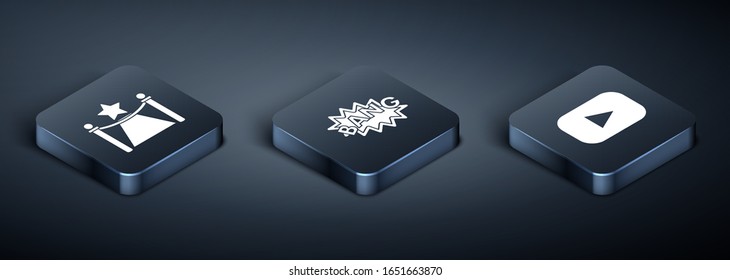 Set Isometric Carpet con barreras y estrella , Play y Bang boom texto boom icono de globo de burbuja de habla. Vector